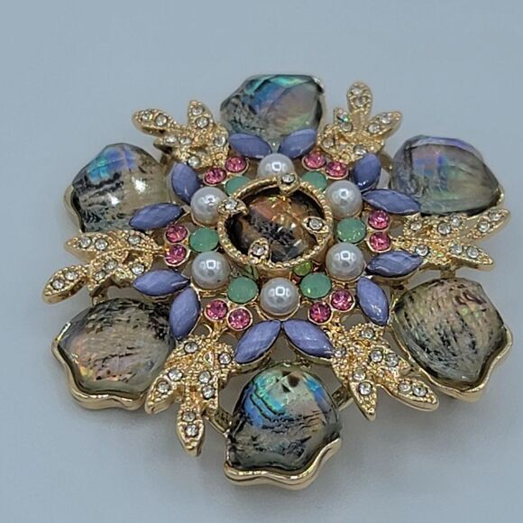 Anne Klein Brooch Gold Tone Faux Pearl Cabachons Multicolor Brooch #507 - Picture 4 of 16